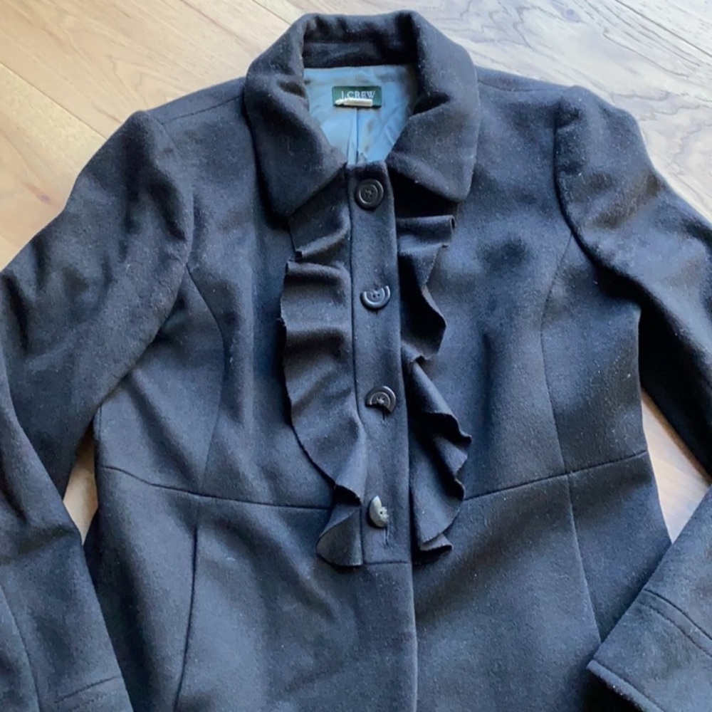 J. Crew Women’s Ruffle Front Black Coat - Picture 5 of 9